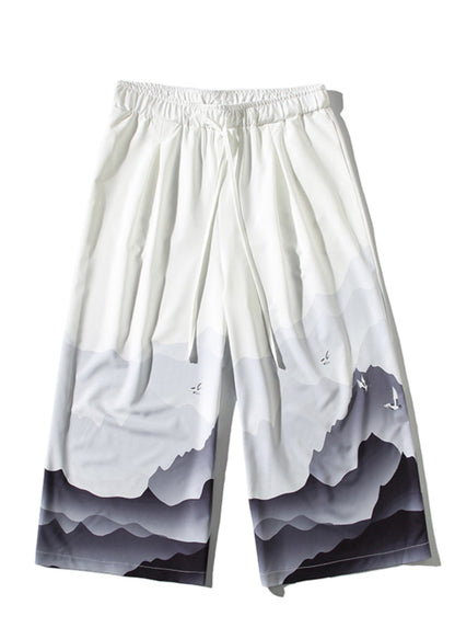 Unique White Pockets Print Ice Silk Wide Leg Pants Summer