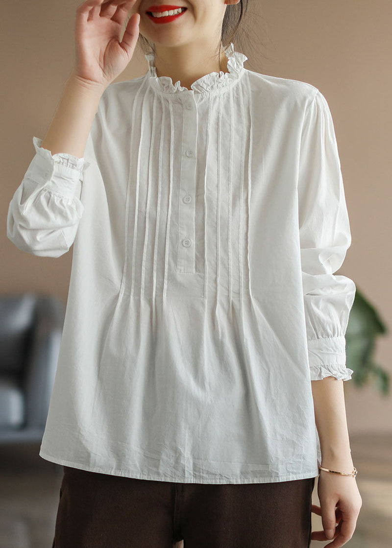 Unique White Ruffled Wrinkled Cotton Shirt Tops Spring