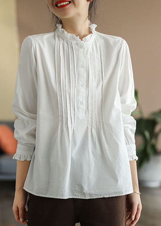 Unique White Ruffled Wrinkled Cotton Shirt Tops Spring