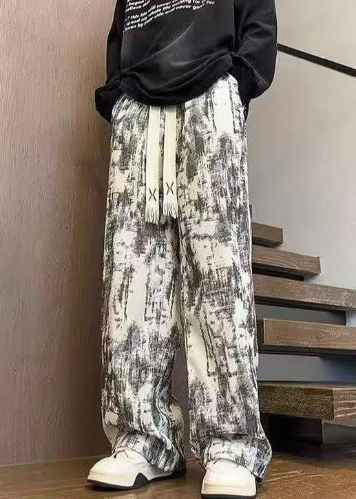 Unique White Tie Dye Elastic Waist Corduroy Pants Spring