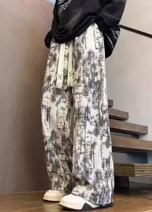 Unique White Tie Dye Elastic Waist Corduroy Pants Spring