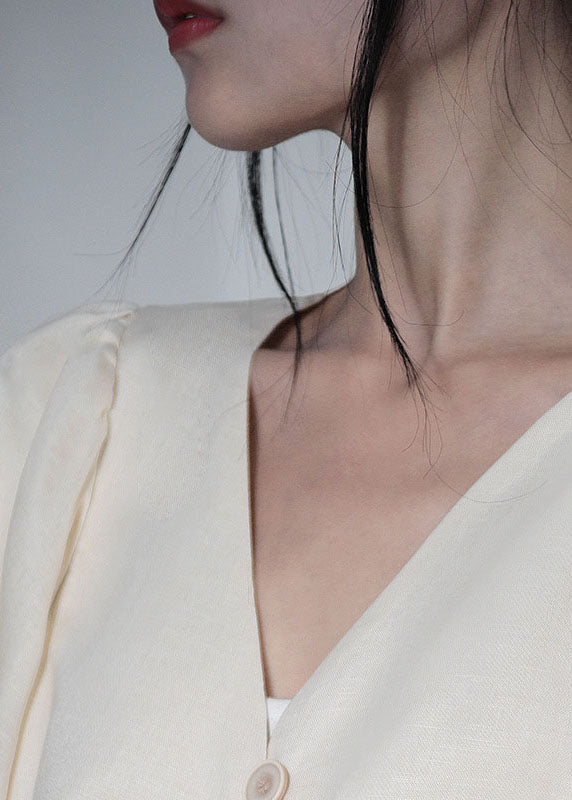 Unique White V Neck Retro Loose Summer Blouses Half Sleeve