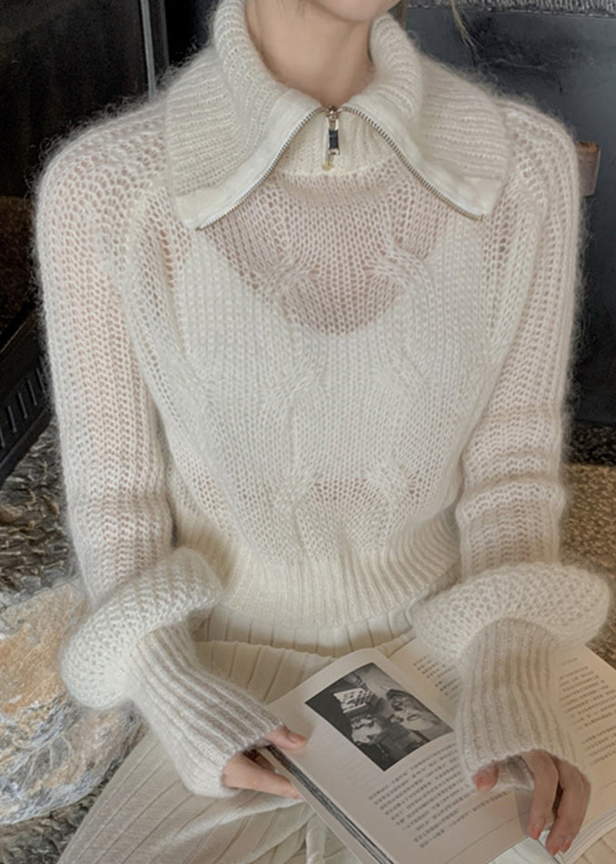 Unique White Zippered Hole Cotton Knit Top Fall