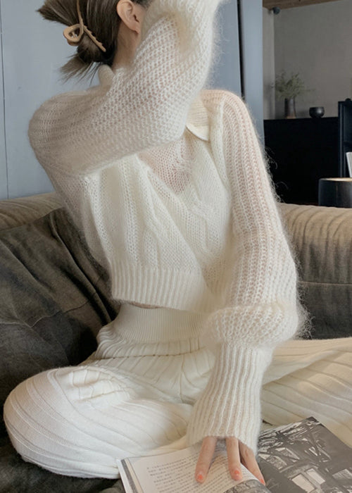 Unique White Zippered Hole Cotton Knit Top Fall