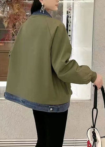 Unique Wine Red Peter Pan Collar Zippered Denim Patchwork Pockets Coats Fall