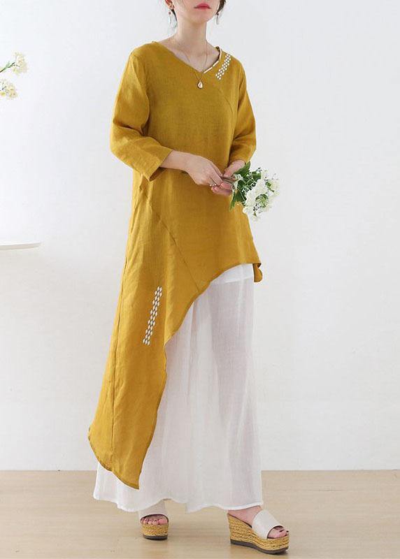 Unique Yellow Asymmetrical Design O-neck Shirts Fall