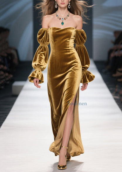 Unique Yellow Cold Shoulder Side Open Patchwork Velvet Dress Spring