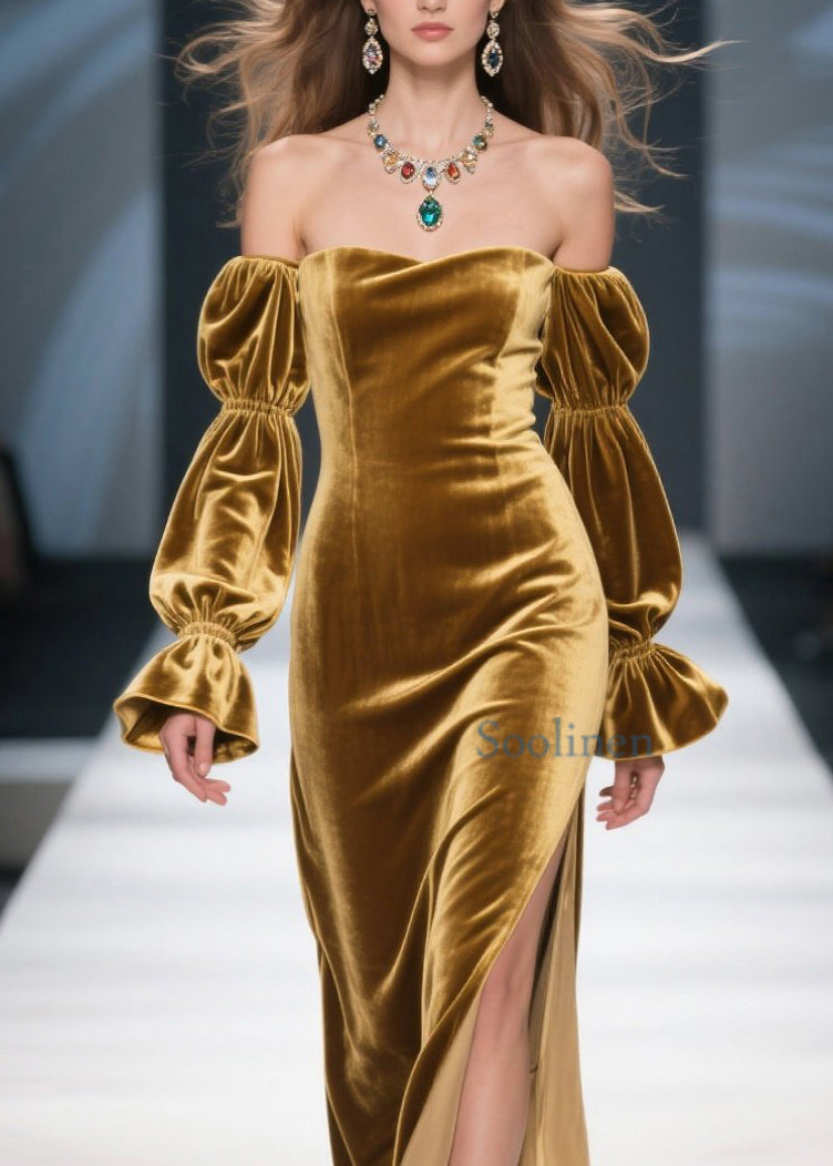 Unique Yellow Cold Shoulder Side Open Patchwork Velvet Dress Spring