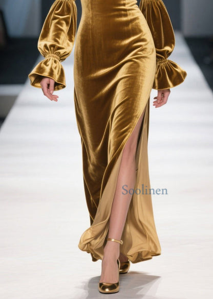 Unique Yellow Cold Shoulder Side Open Patchwork Velvet Dress Spring