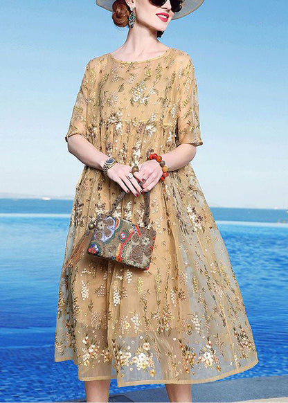 Unique Yellow Embroidered Patchwork Tulle Maxi Dress Summer
