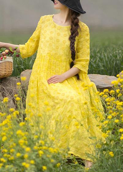 Unique Yellow Embroidery Tunic Dress O Neck Half Sleeve Maxi Dresses