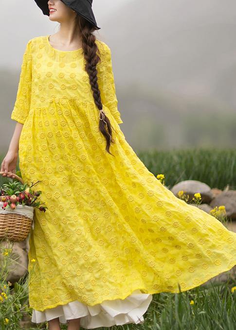 Unique Yellow Embroidery Tunic Dress O Neck Half Sleeve Maxi Dresses