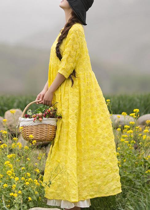Unique Yellow Embroidery Tunic Dress O Neck Half Sleeve Maxi Dresses