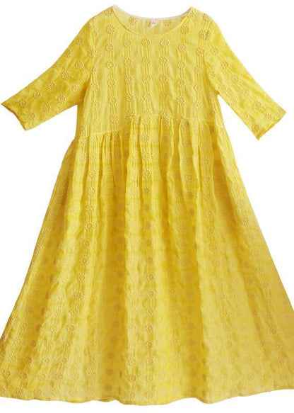 Unique Yellow Embroidery Tunic Dress O Neck Half Sleeve Maxi Dresses