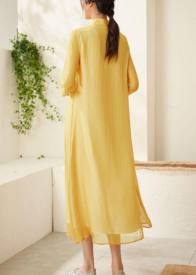 Unique Yellow Mandarin Collar Print Summer Dresses