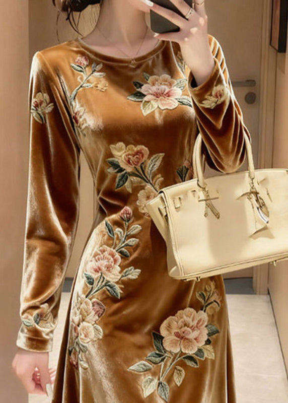 Unique Yellow O-neck Embroidered Silk Velvet Maxi Dresses Spring