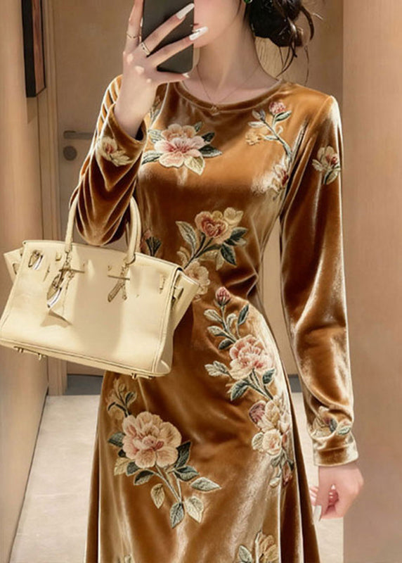 Unique Yellow O-neck Embroidered Silk Velvet Maxi Dresses Spring