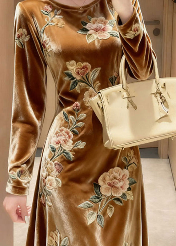 Unique Yellow O-neck Embroidered Silk Velvet Maxi Dresses Spring