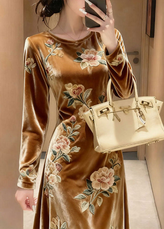 Unique Yellow O-neck Embroidered Silk Velvet Maxi Dresses Spring