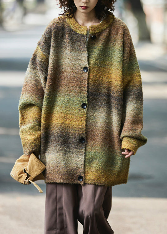 Unique Yellow O-neck Print Button Cozy Knit Cardigans Fall