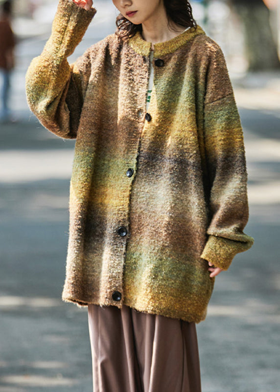Unique Yellow O-neck Print Button Cozy Knit Cardigans Fall
