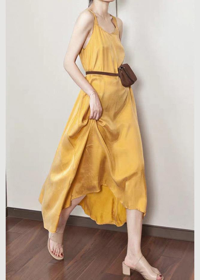 Luxy Silk Dress Yellow Spaghetti Strap Maxi Dress Sundresses