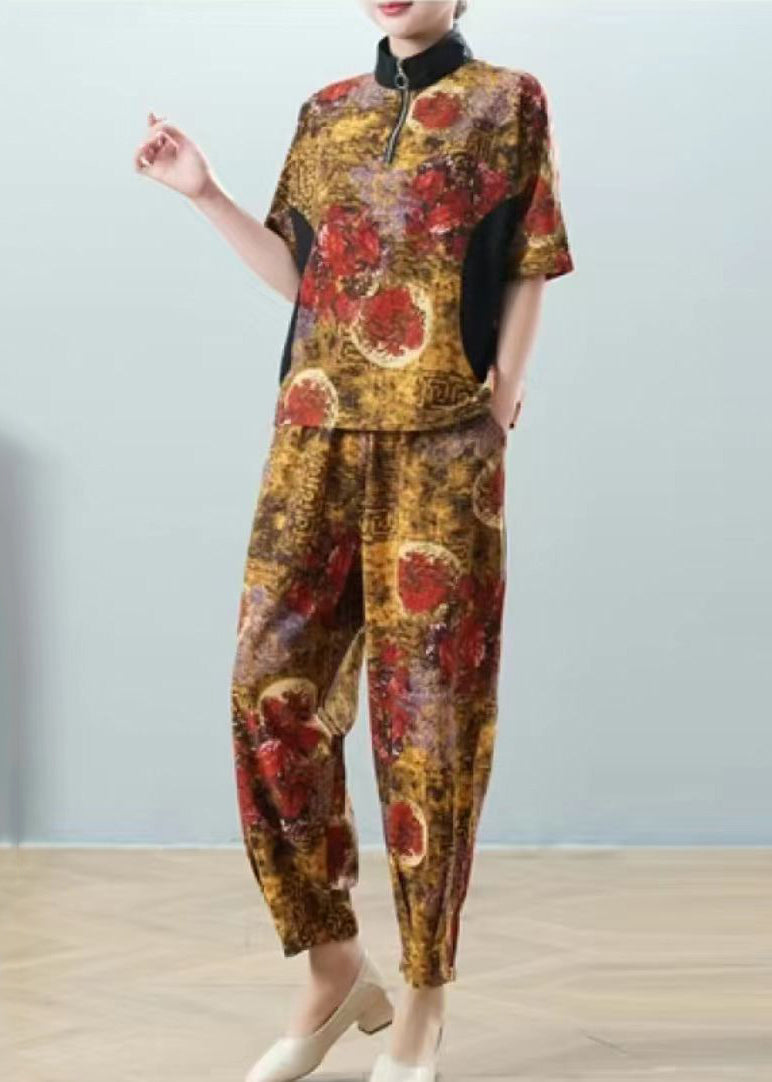 Unique Yellow Stand Collar Zippered Patchwork Shirt and Harem Pants Two Pieces Set Summer