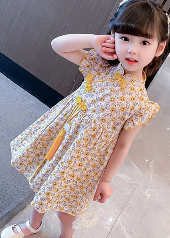 Unique Yellow Tasseled Print Patchwork Cotton Baby Dresses Summer