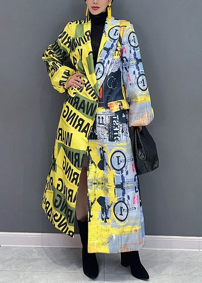 Unique Yellow the Press Style Print Pockets Patchwork Cotton Coats Fall