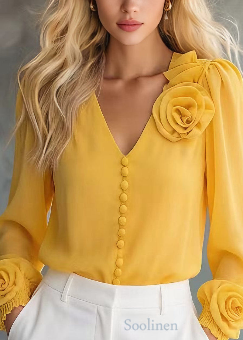Unique Yellow V Neck Chiffon Shirt Tops Spring