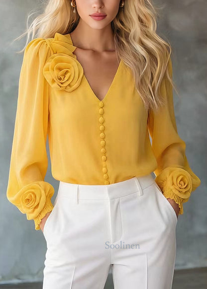 Unique Yellow V Neck Floral Chiffon Shirt Tops Spring