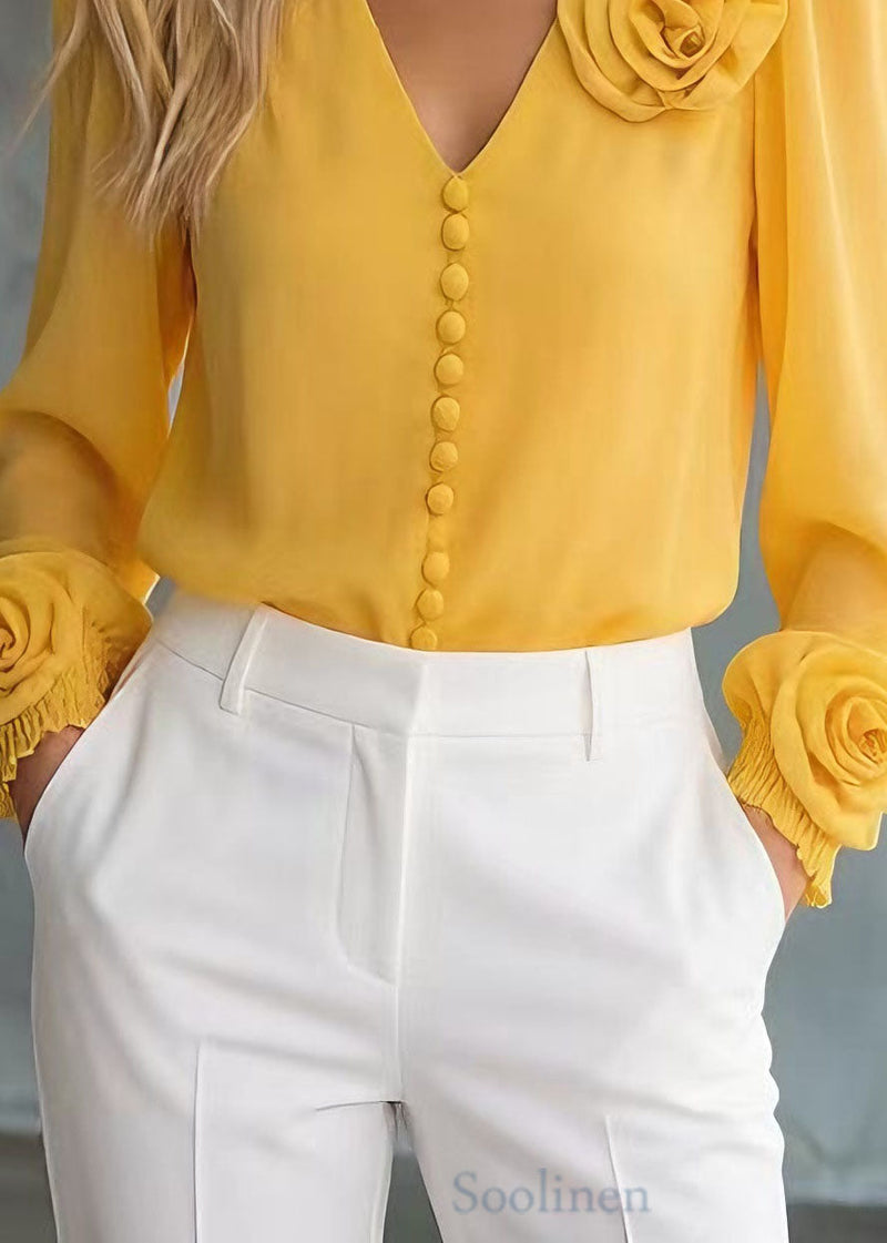 Unique Yellow V Neck Chiffon Shirt Tops Spring