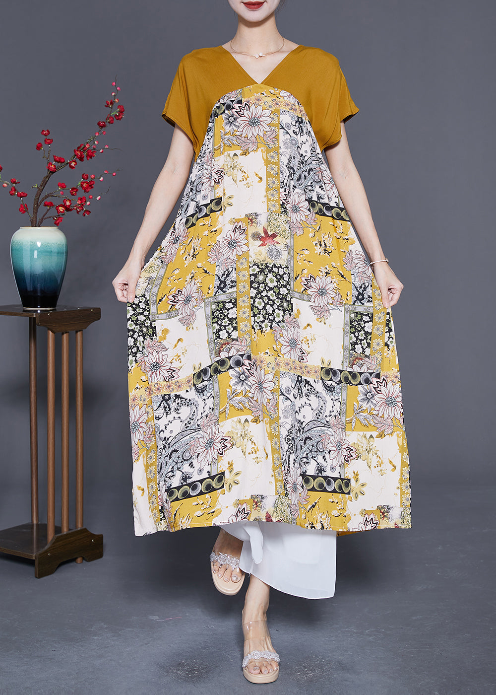 Unique Yellow V Neck Patchwork Print Chiffon a Line Dress Summer