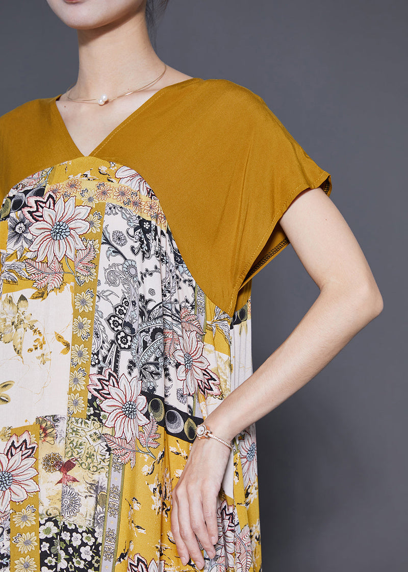 Unique Yellow V Neck Patchwork Print Chiffon a Line Dress Summer