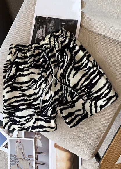 Unique Zebra Pattern Lace Up Elastic Waist Cotton Shorts Summer