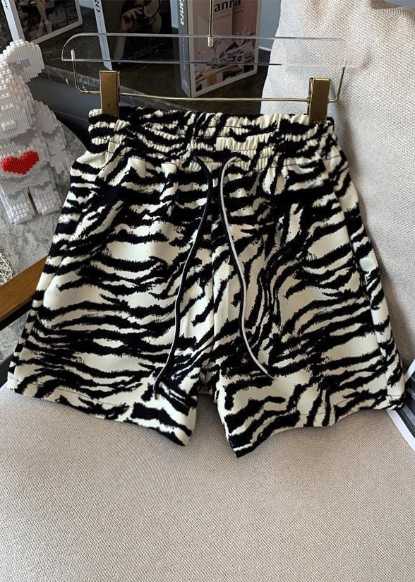 Unique Zebra Pattern Lace Up Elastic Waist Cotton Shorts Summer