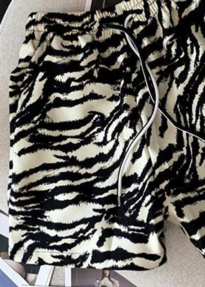 Unique Zebra Pattern Lace Up Elastic Waist Cotton Shorts Summer