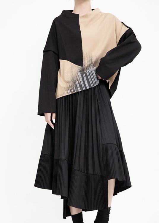 Unique Asymmetric Cotton Patchwork Tunic Dress Sewing Black Cinched Art Dress