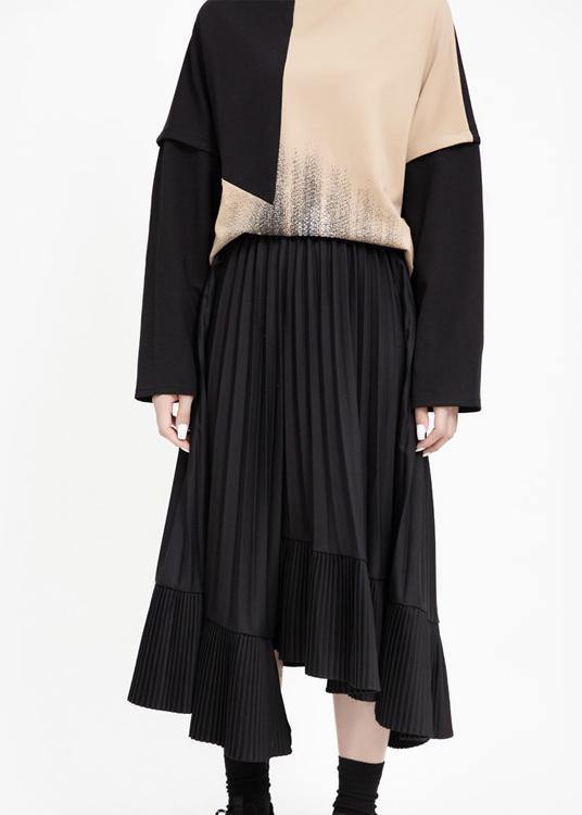 Unique Asymmetric Cotton Patchwork Tunic Dress Sewing Black Cinched Art Dress