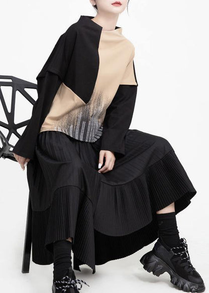 Unique Asymmetric Cotton Patchwork Tunic Dress Sewing Black Cinched Art Dress