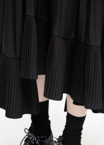 Unique Asymmetric Cotton Patchwork Tunic Dress Sewing Black Cinched Art Dress