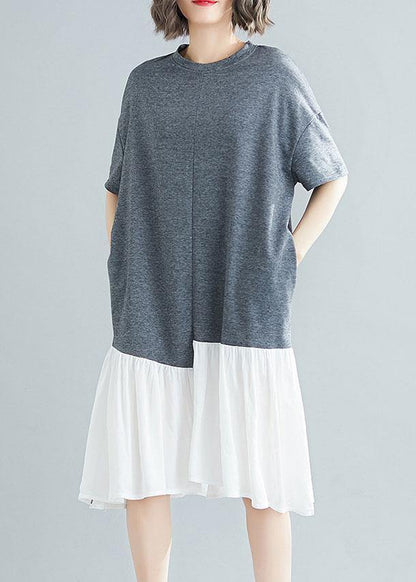Unique Asymmetric Patchwork Cotton Tunic Shirts Gray Short Sleeve Traveling Dresses Summer