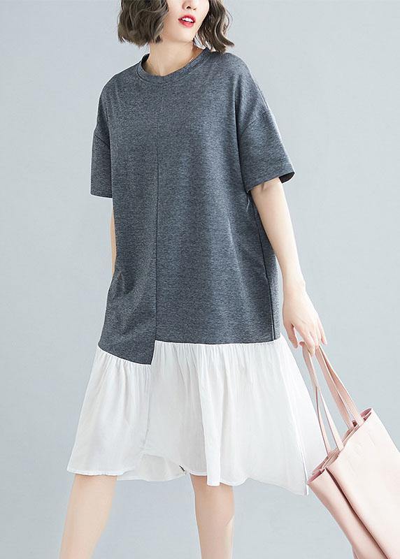 Unique Asymmetric Patchwork Cotton Tunic Shirts Gray Short Sleeve Traveling Dresses Summer