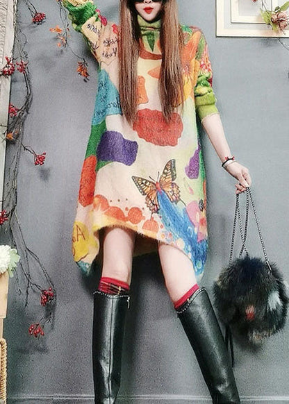 Unique Asymmetrical Design Print Knit Dress Sweater Winter