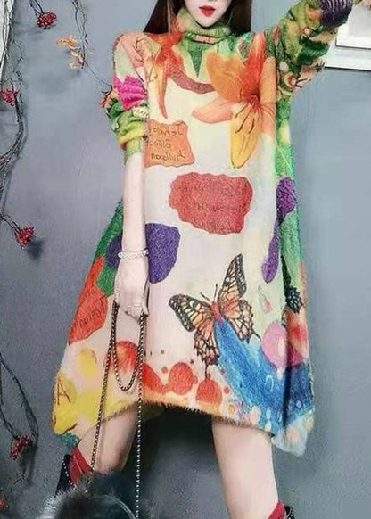 Unique Asymmetrical Design Print Knit Dress Sweater Winter