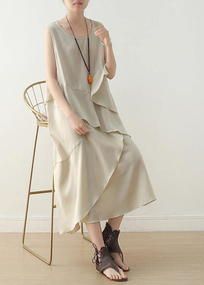 Unique Beige Sleeveless Chiffon Tunic Top Layered Maxi Summer Dress