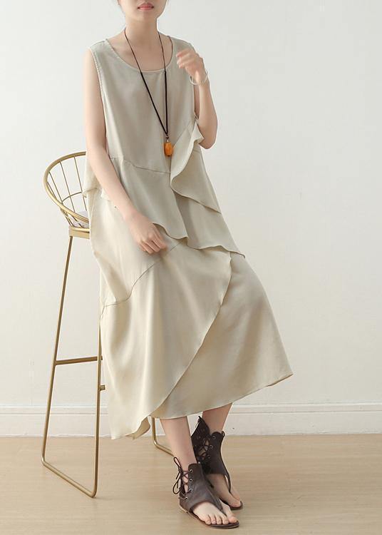 Unique Beige Sleeveless Chiffon Tunic Top Layered Maxi Summer Dress