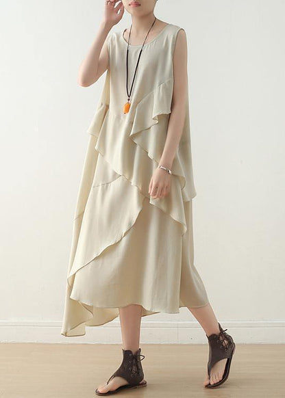 Unique Beige Sleeveless Chiffon Tunic Top Layered Maxi Summer Dress