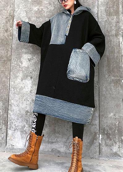 Unique Black Cotton Tunics Hooded Pockets Cotton Dress