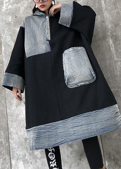 Unique Black Cotton Tunics Hooded Pockets Cotton Dress